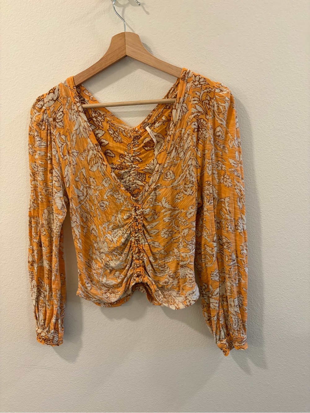 Free People Mustard Floral Ruched V-Neck Long Sleeve Top